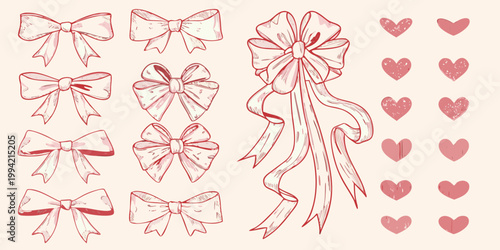 A collection of hand drawn bows and hearts in a light pink hue