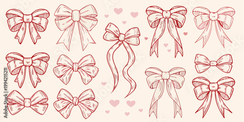 Collection of hand drawn red bows and hearts on a pale background
