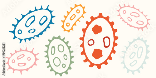 Colorful cartoon illustration depicting various stylized bacteria or virus shapes