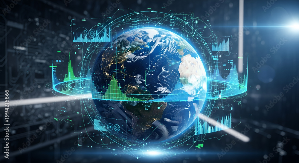 Fototapeta premium Digital world globe surrounded by futuristic financial charts, data analysis, and technical graphics interface