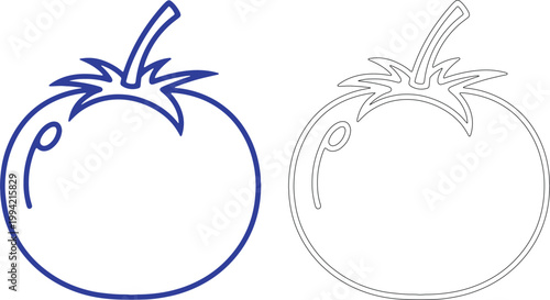 Blue and black outline of a round tomato with stem