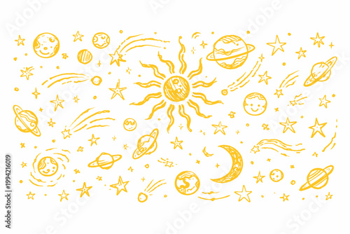 Hand drawn celestial doodle set, yellow sun and moon sketch collection, whimsical space planets and stars vector illustrations for nursery decor
