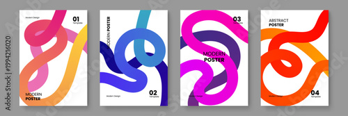 Four playful abstract posters featuring thick vibrant tube lines and fluid paths on a clean white background for trendy design