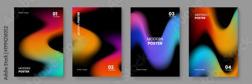 Four striking posters featuring liquid motion effects and vibrant fluid waves flowing through a dark and moody background