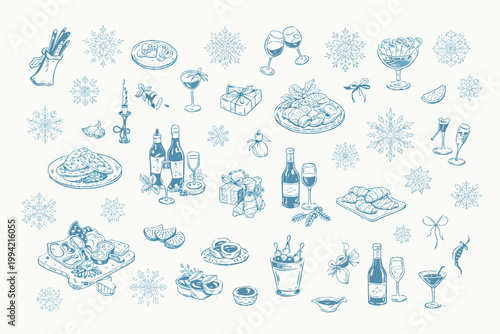 Hand drawn Christmas food and drink icons, blue ink sketch winter holiday dinner elements, festive party appetizers and wine vector set