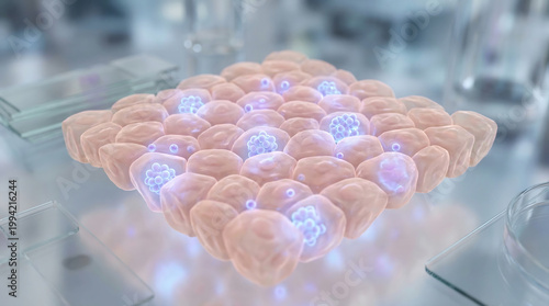Close-up of glowing hexagonal skin cells under microscope Generative AI.