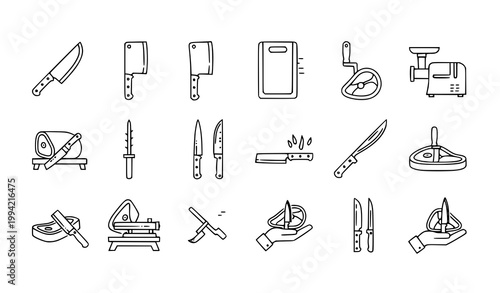Butchery tools meat processing linear icon set vector