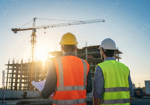 Two engineers with blueprints at a construction site with crane