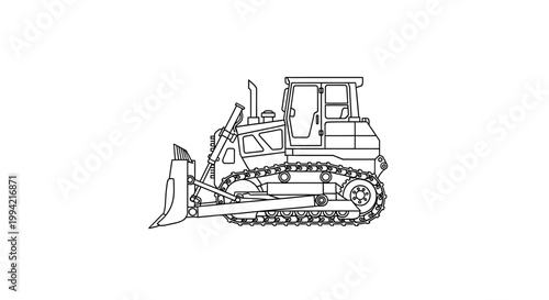 Black and White Outline Illustration of a Heavy Construction Bulldozer