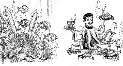 A whimsical black and white illustration depicts an underwater scene with a dapper waiter serving seafood to marine creatures