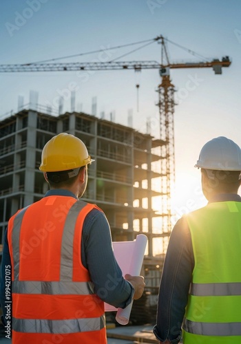 Two engineers with blueprints at a construction site with crane