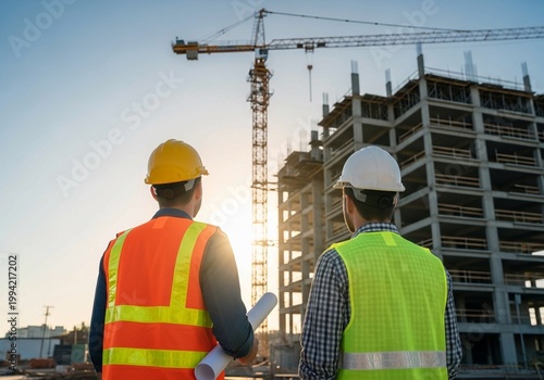 Two engineers with blueprints at a construction site with crane