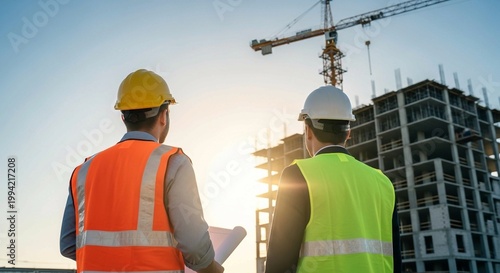 Two engineers with blueprints at a construction site with crane
