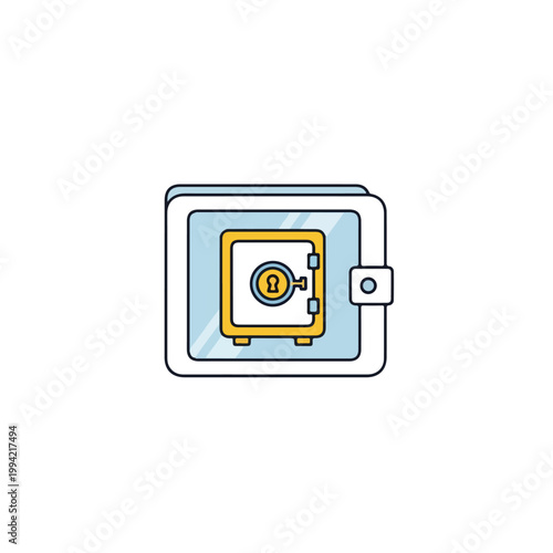 A digital illustration of a safe with a bitcoin symbol on it, set against a light blue background with a white border, conveying a secure cryptocurrency storage concept with a modern and