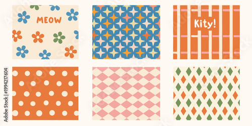 Colorful patterned squares with text including meow and kitty