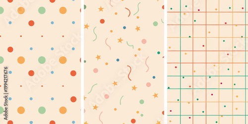 Three panels showcasing distinct pastel patterned backgrounds with varying motifs