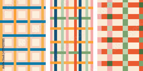 Colorful geometric patterns featuring intersecting lines and checkered designs