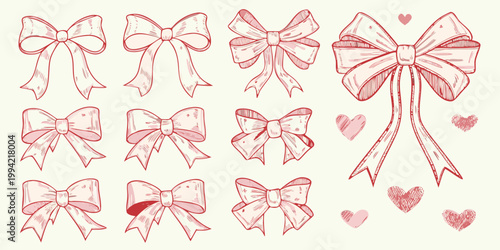 Collection of hand drawn pink bows and hearts a decorative sketch