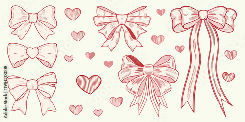 Collection of hand drawn bows and hearts in delicate pink tones