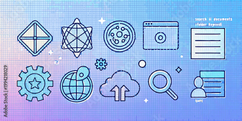 Collection of hand drawn blue line icons on a grid background