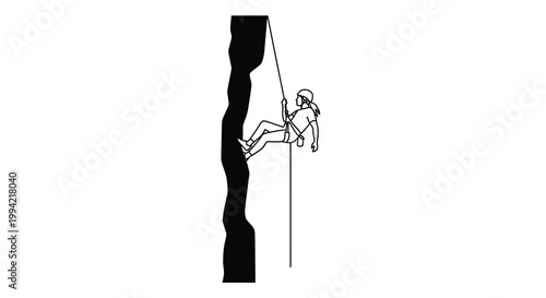 A minimalist line drawing depicts a rock climber rappelling down a steep dark cliff face high quality professional