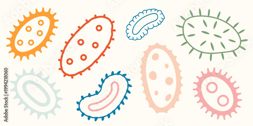 Colorful illustration depicting various bacteria and microorganisms in different shapes