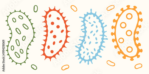 Colorful cartoon illustration depicting various bacteria and microscopic organisms