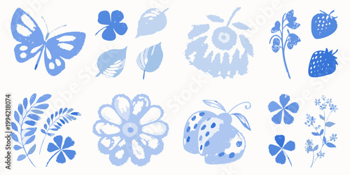 Delicate blue illustrations of butterflies flowers leaves and berries