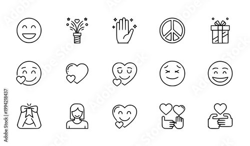 Positive emotion and happiness icon vector set with smile heart love and lifestyle symbols line design