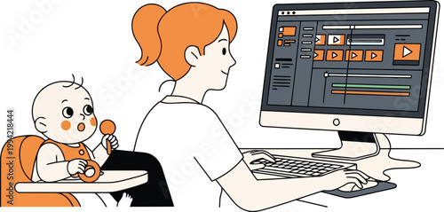 Mother Video Editor Working on Computer with Baby in High Chair, Freelance Content Creator and Remote Work Concept Vector