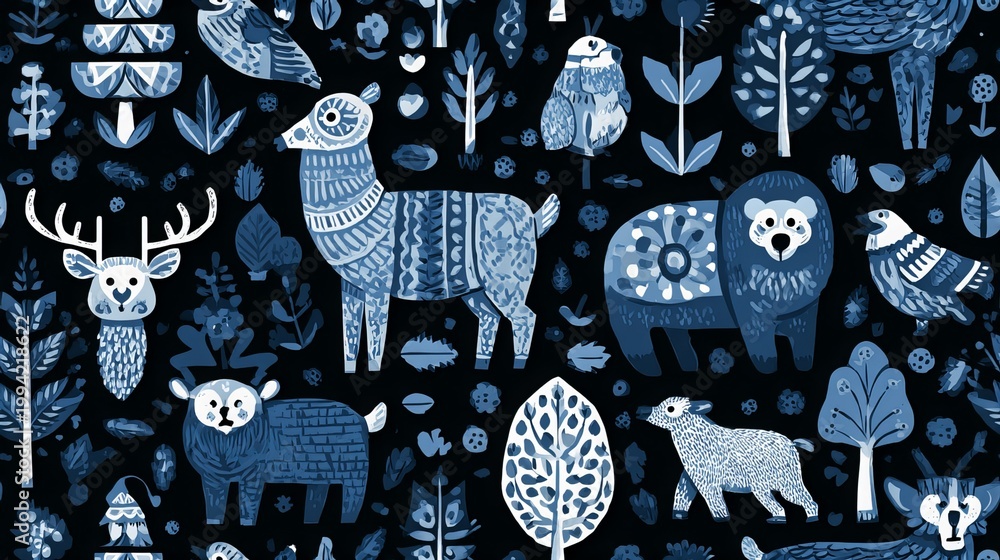 Fototapeta premium Nordic forest animal ornament seamless pattern, folk art decorative background for textile and surface design