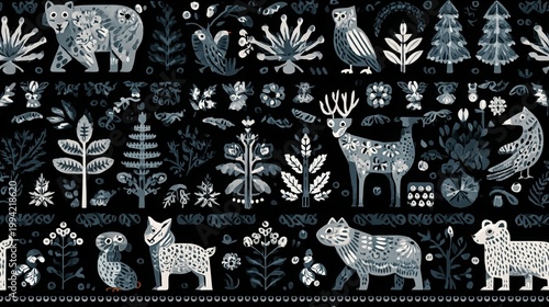 Nordic forest animal ornament seamless pattern, folk art decorative background for textile and surface design