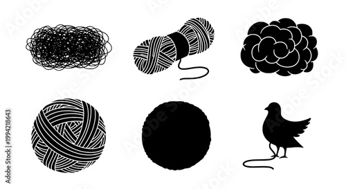 Yarn balls and bird illustration set with black and white designs featuring ball, craft, knitting with crochet and textile elements for fiber, art