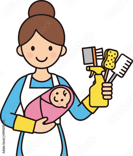 Professional Cleaner Mother Holding Newborn Baby and Cleaning Supplies, Maid Service and Working Mom Concept Vector Illustration