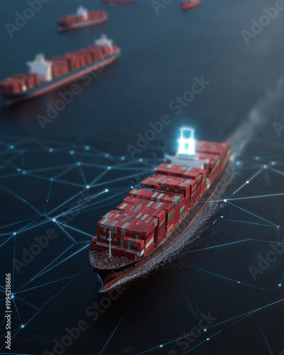 Aerial view of cargo container vessel sailing through glowing digital logistics network overlay.