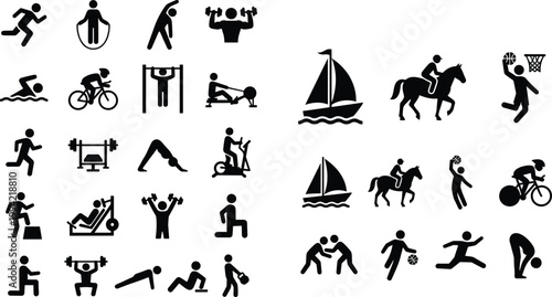 Fitness sports silhouette icons set, running, cycling, swimming, yoga, weightlifting, basketball, surfing, rowing, sailing, horseback riding, wrestling