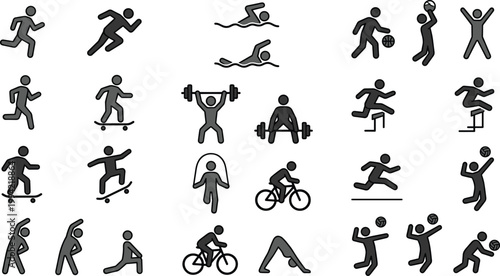 Sports and fitness activity icons, running, swimming, cycling, skateboarding, weightlifting, yoga, basketball, volleyball, stretching, jumping rope