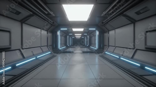 A futuristic corridor with blue lights stretches down a metallic hallway leading to a distant room.