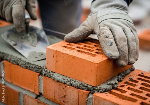 Close-up of Mason Hand Laying Bricks with Mortar and Trowel on Construction Site