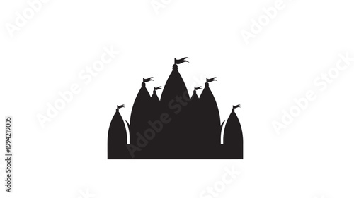 Castle silhouette with towers and flags icon symbol for medieval architecture and fantasy banners featuring fortress, ramparts, banner with monarchy
