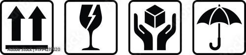 Packaging symbol icon set, vector illustration of fragile warning labels packing care signs and shipping instructions for delivery and logistics packaging design.