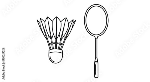 A simple black and white line drawing depicts a badminton shuttlecock and racket commonly used in sports