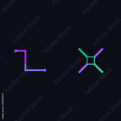 Abstract neon purple and green circuit board elements with wire connections on a dark background