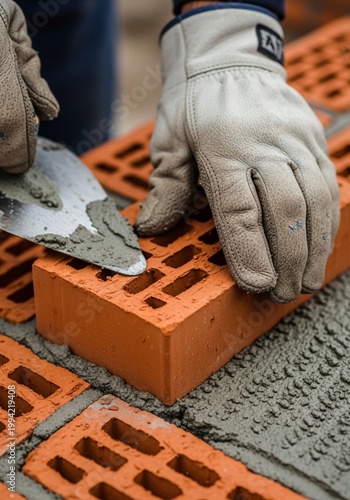 Close-up of Mason Hand Laying Bricks with Mortar and Trowel on Construction Site