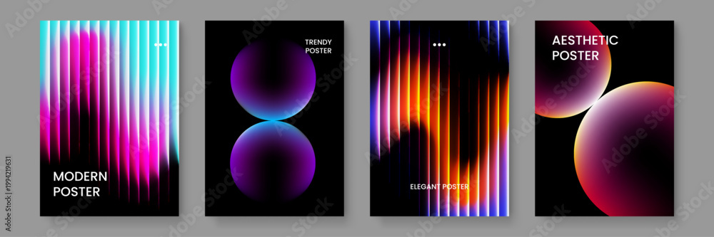 Fototapeta premium Artistic background collection with vibrant circular glows and vertical lines on black for creative branding