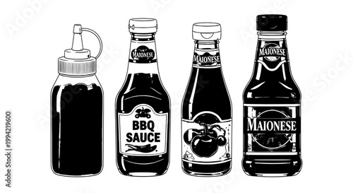 Condiments set with BBQ sauce, mayonnaise, and squeeze bottle illustrations featuring food, cooking, kitchen with dining and illustration elements