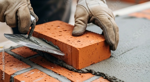 Close-up of Mason Hand Laying Bricks with Mortar and Trowel on Construction Site