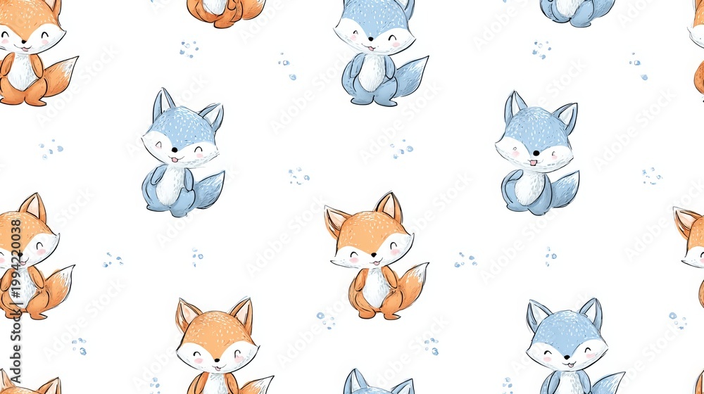 Obraz premium Flat Scandinavian fox seamless pattern, cute nursery woodland illustration with soft pastel colors, balanced repeating layout, decorative textile and surface design background