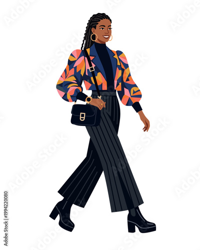 Fashion model wearing abstract jacket vector illustration. Young woman styling with designer outfit, purse and accessories. African lady illustration 