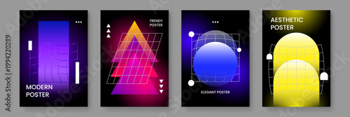 Futuristic neon blue and yellow light effects with digital wireframe mesh shapes for technology presentation and web banner